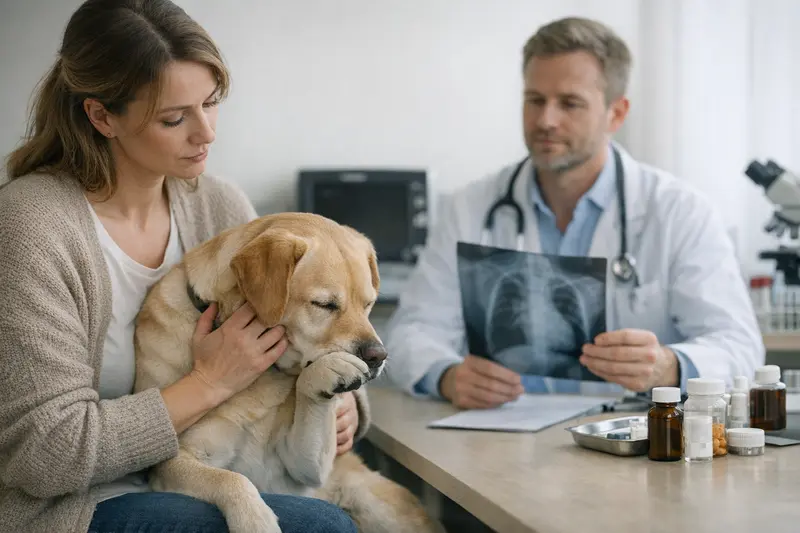 Hundeuntersuchung beim Tierarzt wegen Husten Ein Hund, der vom Tierarzt untersucht wird, zeigt Anzeichen von Husten.