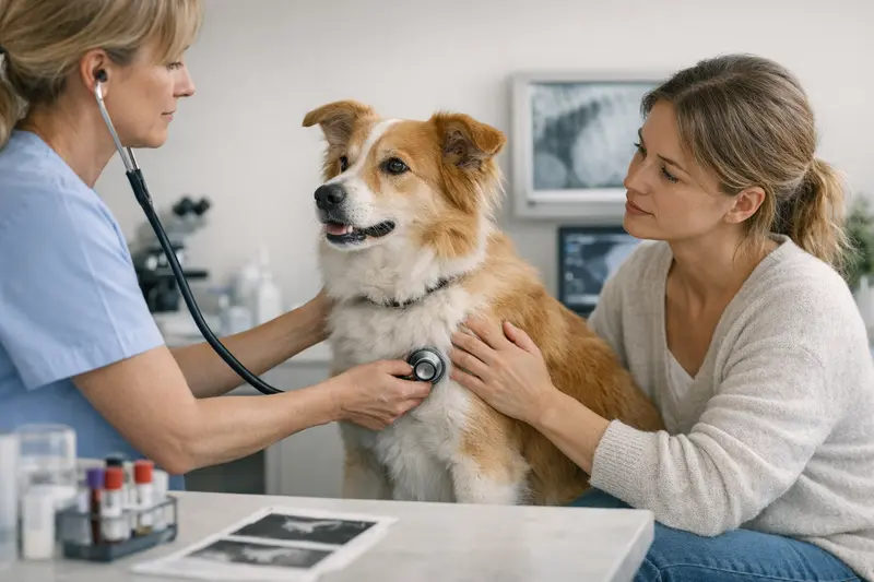 Untersuchung Hund Husten Tierarzt bei der Untersuchung eines Hundes mit Husten.
