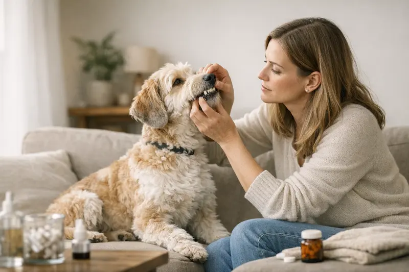 Zahnbehandlungen und Allergien bei Hybridhunden Hybridhund bei einem Tierarzt, wo Zahnbehandlungen und Allergien besprochen werden.