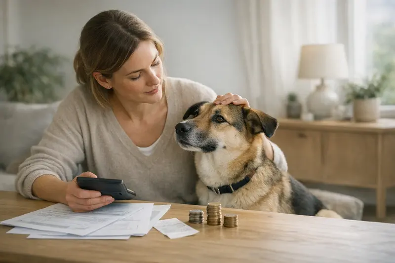Selbstbeteiligung in der Hundekrankenversicherung Ein Hund und sein Besitzer diskutieren über die Selbstbeteiligung in der Hundekrankenversicherung.
