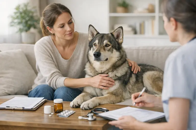 Ein Hybridhund mit gesundem Aussehen beim Tierarzt zur Untersuchung.