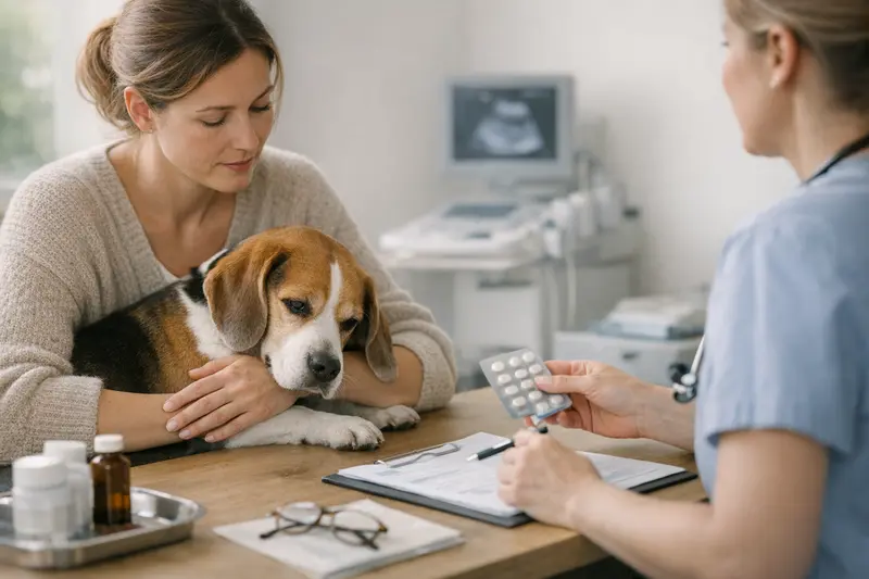Ein Hund mit IBD erhält eine ambulante Untersuchung beim Tierarzt, was für die Entscheidung über eine Krankenversicherung wichtig ist.