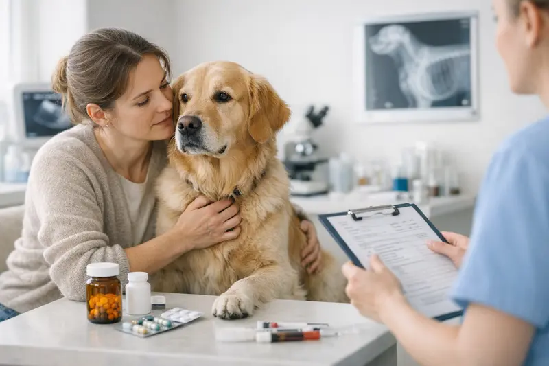 Hundekrankenversicherung und Medikamentenübernahme Hund beim Tierarzt, der Medikamente untersucht, passend zur Frage, ob eine Hundekrankenversicherung diese Kosten übernimmt.