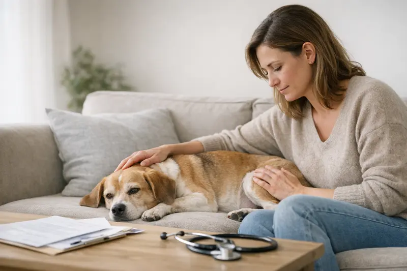 Hund mit Magen-Darm-Problemen beim Tierarzt Ein Hund mit Magen-Darm-Problemen während eines Tierarztbesuchs.