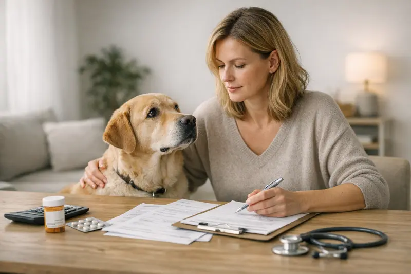 Tarifvergleich Hundekrankenversicherung Hund beim Tierarzt, der Versicherungstarife vergleicht und auf wichtige Aspekte achtet.