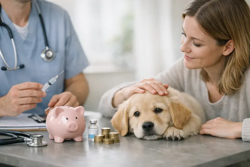 Gesundheitsbudget für Haustiere Ein Hundebesitzer mit seinem Hund beim Tierarzt, um die Bedeutung eines Gesundheitsbudgets zu verdeutlichen.