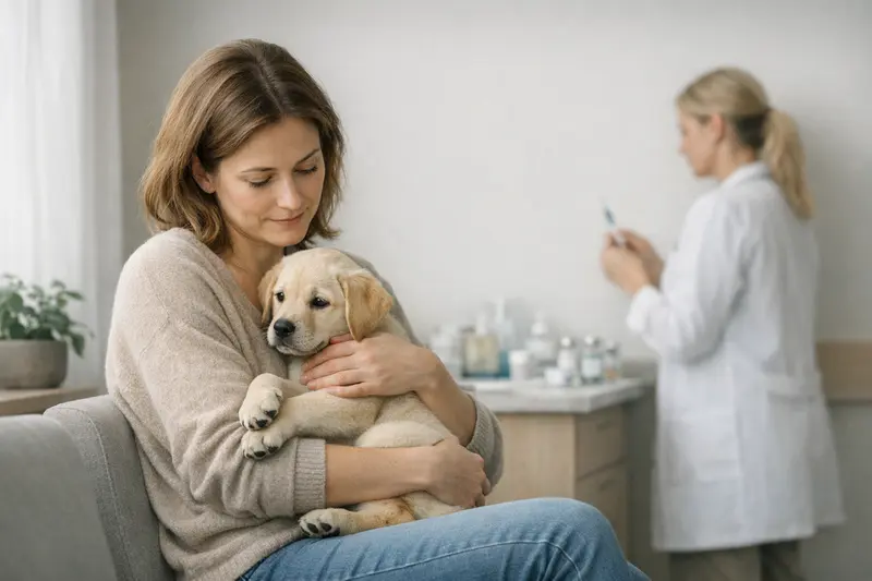 Wartezeiten bei Impfungen für Hunde Welpen beim Tierarzt zur Impfberatung auf einer Hundekrankenversicherungs-FAQ-Seite.