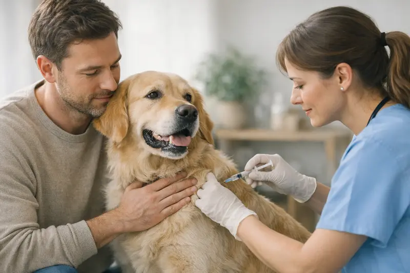 Impfungen und Hundekrankenversicherung Hundehalter beim Besuch in einer Tierarztpraxis zur Impfberatung für seinen Hund.