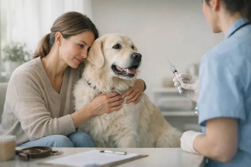 Impfungen und Tierkrankenversicherung Eine Hundebesitzerin lässt ihren Hund gegen verschiedene Krankheiten impfen.