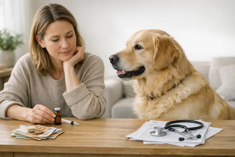 Vorsorgeuntersuchung Hund Tierarzt Ein Hund bei einer Vorsorgeuntersuchung, der durch einen Tierarzt überprüft wird, symbolisiert die Wichtigkeit von Vorsorgebudget und Erstattungssatz.