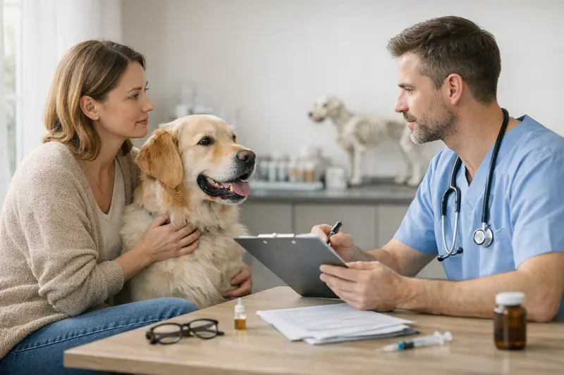 Tierarztberatung Hundeversicherung Eine glückliche Hundebesitzerin spricht mit einem Tierarzt über die richtige Absicherung ihres Hundes.