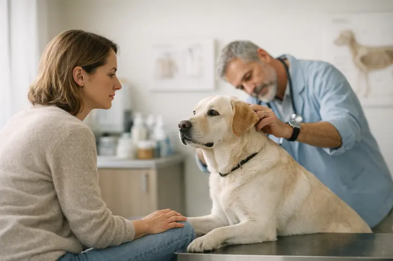 Ein Hund beim Tierarzt, der vor einer Impfung untersucht wird.