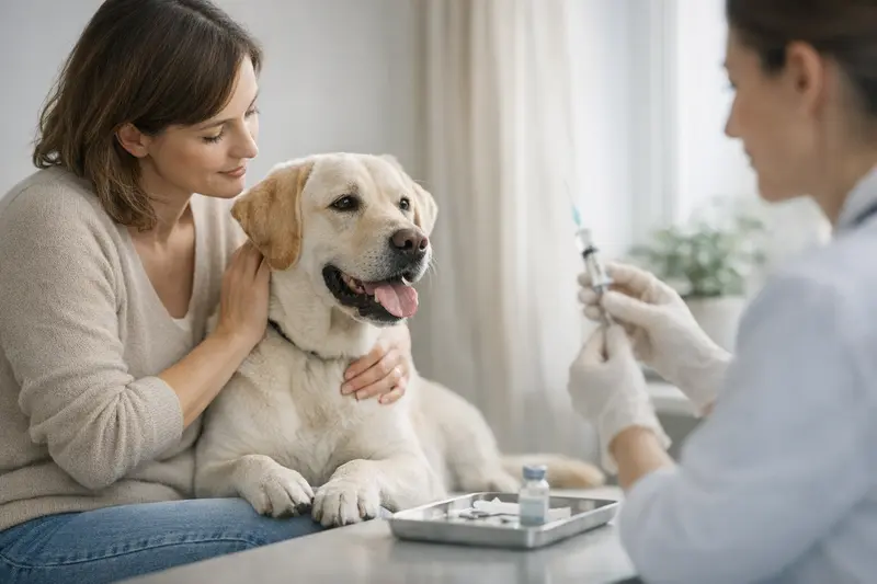 Hund beim Tierarzt zur Impfung Ein Hund erhält eine Impfung beim Tierarzt, während ein besorgter Halter zuschaut.