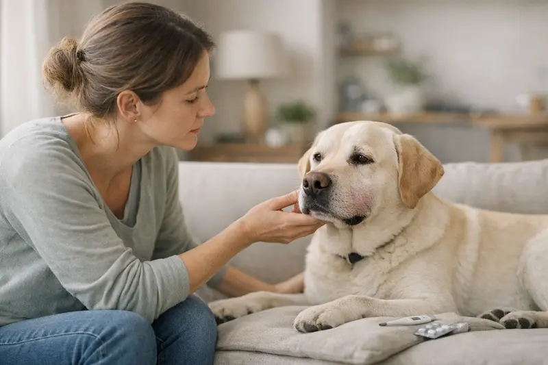 Tierarztbesuch Hund Hund mit Schwellung an der Pfote, Tierhalter beobachtet ihn aufmerksam.
