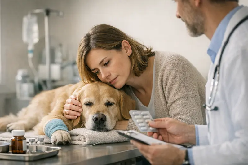 Ein Hund wird beim Tierarzt wegen eines Insektenstichs behandelt.