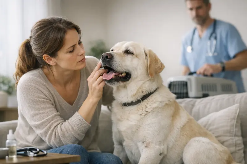 Hund mit Insektenstich wird tierärztlich untersucht.