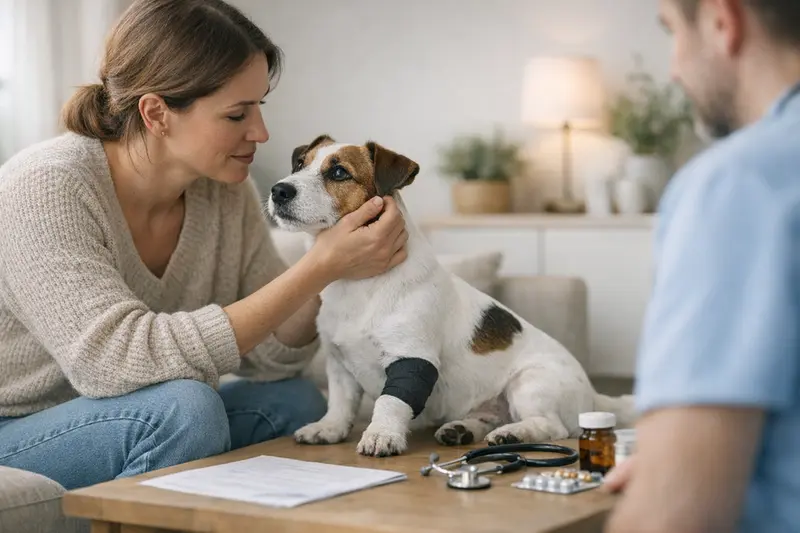 Jack Russell Terrier gesundheitscheck tierarzt Ein glücklicher Jack Russell Terrier mit einem Tierarzt, der die Gesundheit des Hundes überprüft.