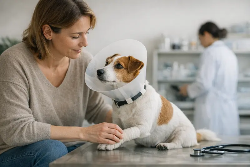 Ein Jack Russell Terrier bei der Tierarztuntersuchung, um seine Gesundheitsversorgung zu klären.
