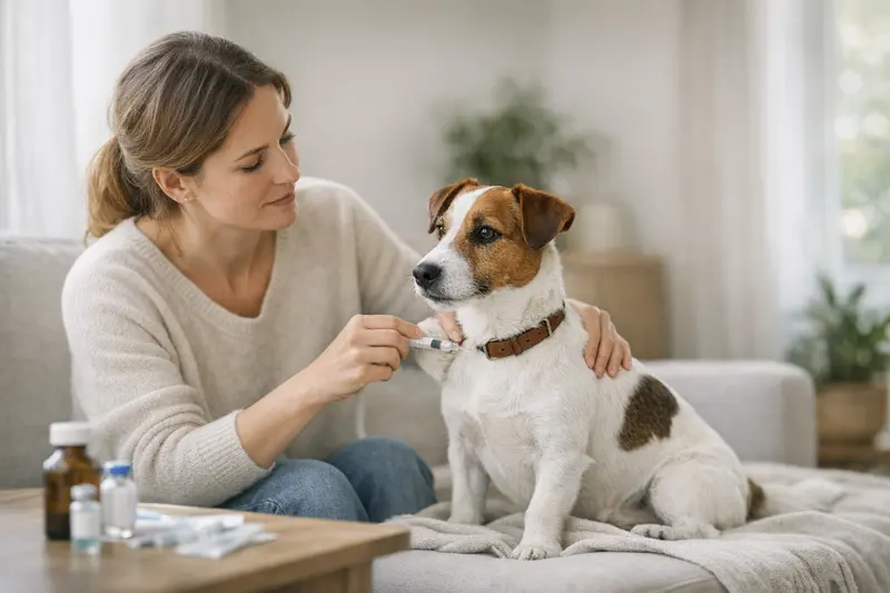 Jack Russell Terrier beim Tierarzt Ein Jack Russell Terrier beim Tierarzt, bereit für eine Impfung zur Vorsorge.