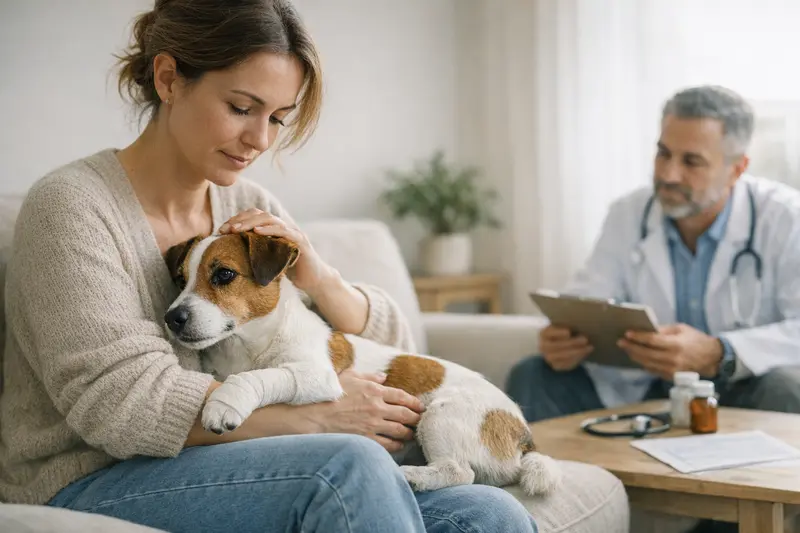 Wartezeiten und Vorerkrankungen bei Hundeversicherungen Jack Russell Terrier untersucht bei Tierarzt, während Besitzerin über Wartezeiten und Vorerkrankungen informiert wird.