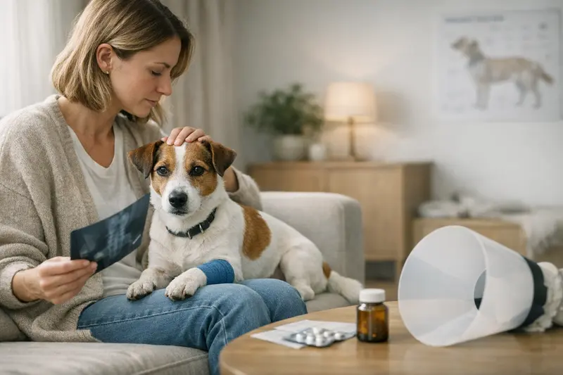 Ein Jack Russell Terrier vor einem Tierarzt, der Informationen zu Wartezeiten und Vorerkrankungen bespricht.