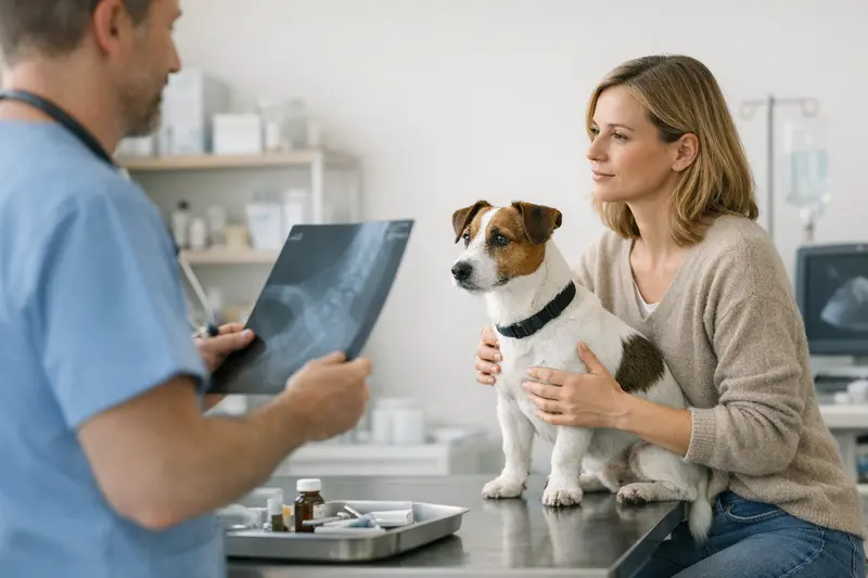 Tierarztkosten bei Hundekrankenversicherung Ein Hund bei einer tierärztlichen Untersuchung, die häufige Kosten einer Hundekrankenversicherung veranschaulicht.
