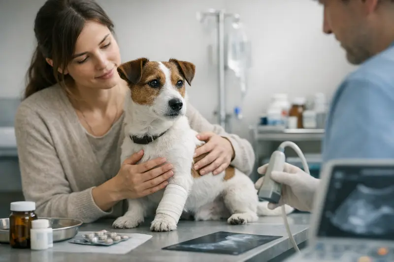 Tierarztkosten Hundeversicherung Ein Hund bei der Untersuchung beim Tierarzt, symbolisiert die Übernahme von Tierarztkosten durch eine Hundekrankenversicherung.
