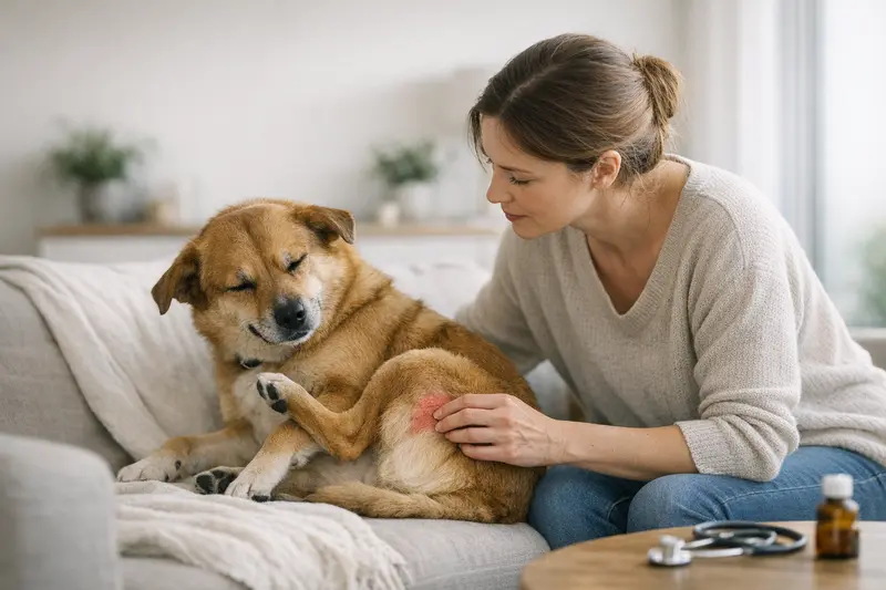 Juckreiz beim Hund Hund kratzt sich an der Haut, was auf Juckreiz hindeutet.