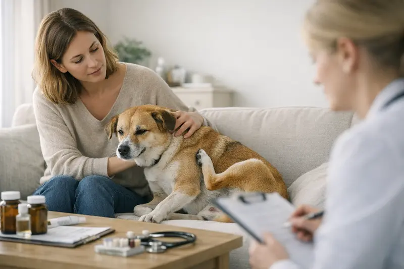 Ein Hund beim Tierarzt mit Hautproblemen und einem Untersuchungsgerät.