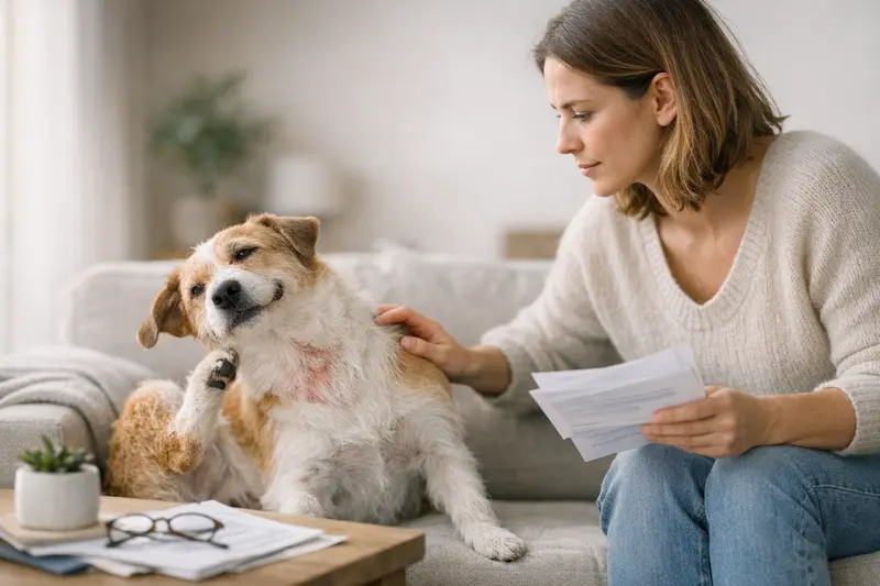 Hund mit Hautproblemen Hund mit Hautproblemen und juckender Stelle während eines Tierarztbesuchs