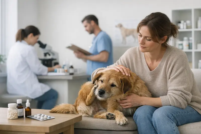 Tierarztuntersuchung Juckreiz Hund Tierarzt untersucht Hund mit Juckreiz und Hautproblemen.