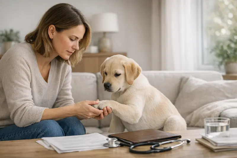 Hund beim Tierarzt - Gesundheit und Versicherungsfragen Junger Hund beim Tierarzt, um gesundheitliche Probleme zu besprechen