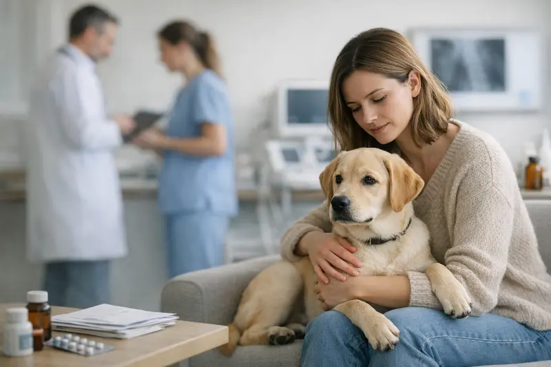 Junghund beim Tierarzt Tierarztbesuch eines Junghundes zur Untersuchung von Gesundheitskosten und OP-Absicherung.