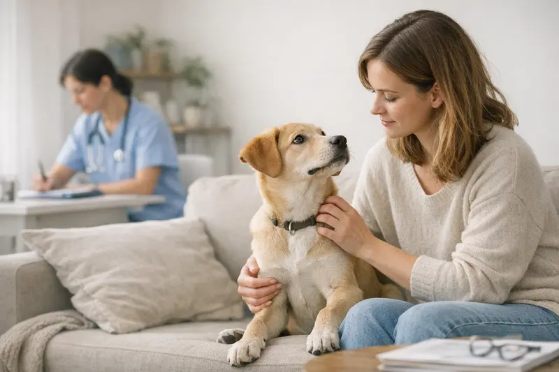 Prüfung des Versicherungsschutzes für Hunde Erwachsene Frau prüft den Versicherungsschutz für ihren Hund beim Tierarzt