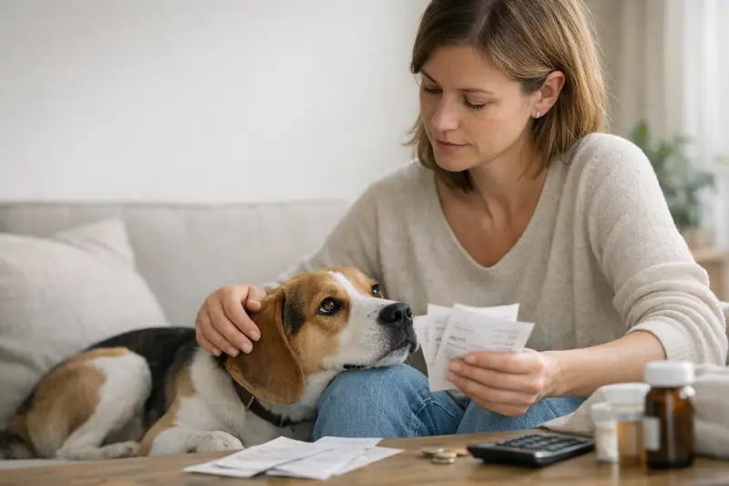 Ein Hund bekommt beim Tierarzt eine Untersuchung, um die Selbstbeteiligung bei Tierarztbesuchen zu besprechen.