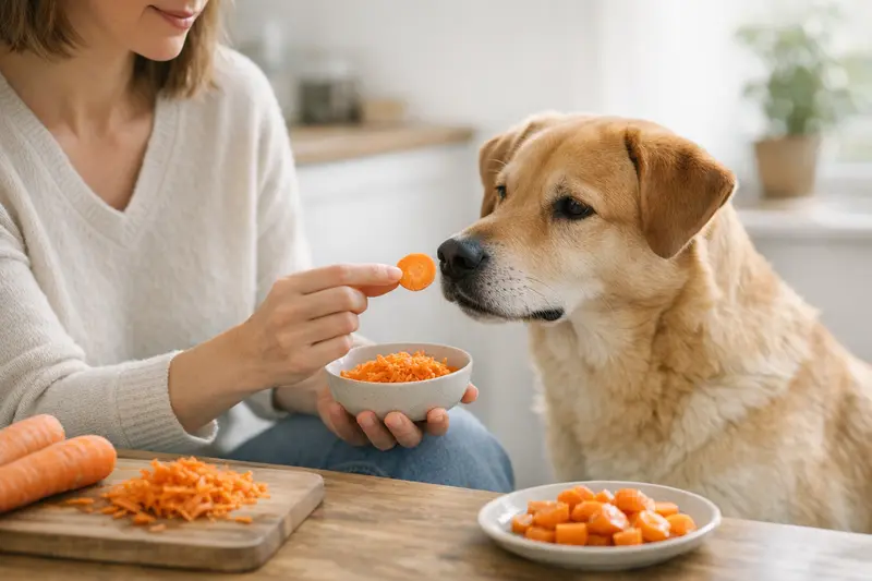Hund frisst rohe Karotte Ein Hund genießt eine frisch geschnittene Karotte.