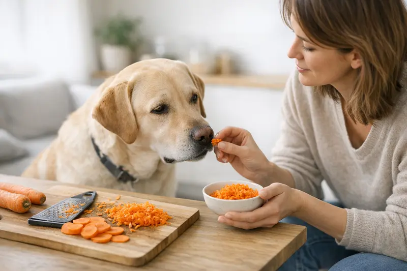 Ein Hund frisst eine frische, rohe Karotte als gesunden Snack.