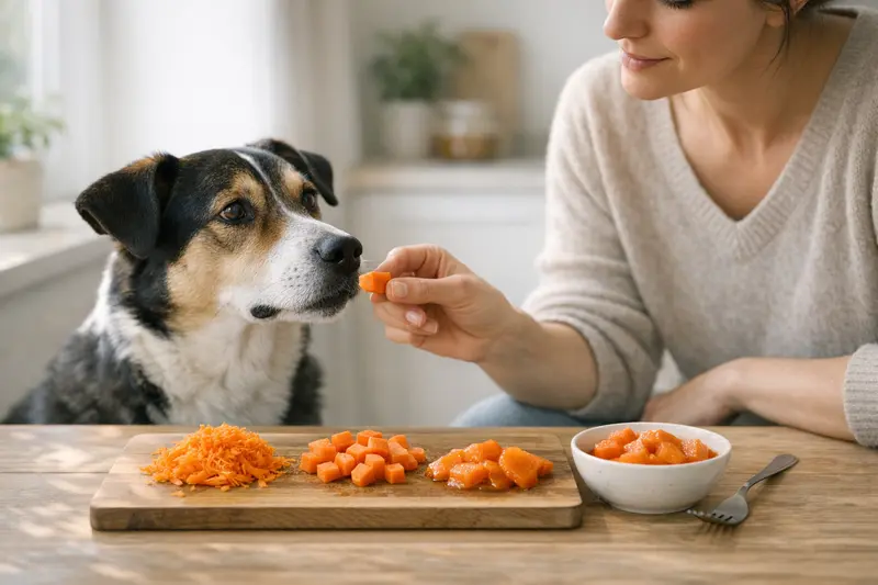 Hund frisst Karotte Ein Hund kauend auf einer frischen Karotte, die für seine Ernährung geeignet ist.