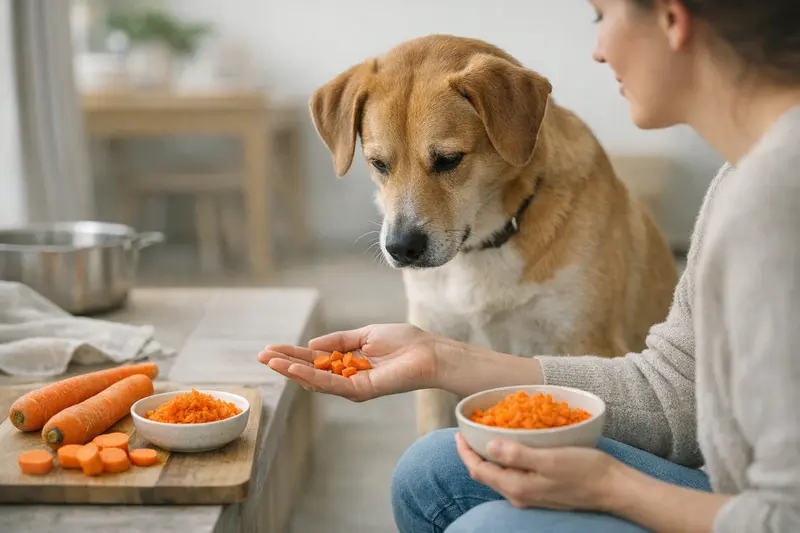 Hunde und Karotten - Roh oder Gegart? Gesunder Hund mit frischen Karotten in der Küche.