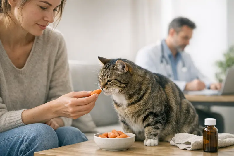 Eine Katze schnuppert an einer Karotte, die als Ergänzung zur Katzenernährung sichtbar ist.