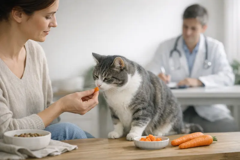 Eine Katze untersucht eine Karotte als mögliche Ergänzung zur Ernährung.