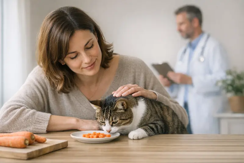 Eine Katze schnuppert neugierig an einer frischen Karotte.
