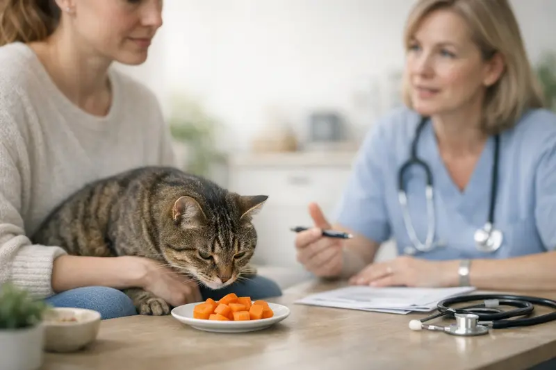 Katze mit Karotte als Snack Eine Katze schnuppert interessiert an einem Stück Karotte, das neben ihrem Futternapf liegt.