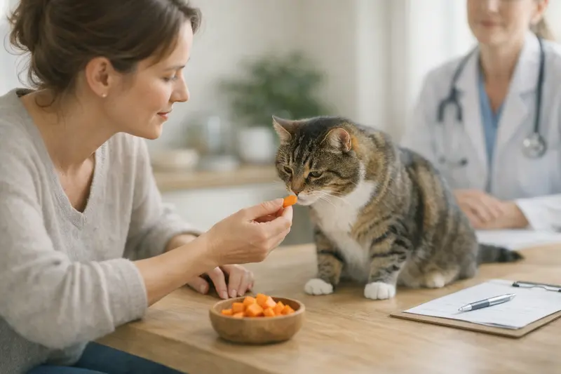 Eine Katze untersucht eine Karotte als mögliche Ergänzung zur Ernährung.