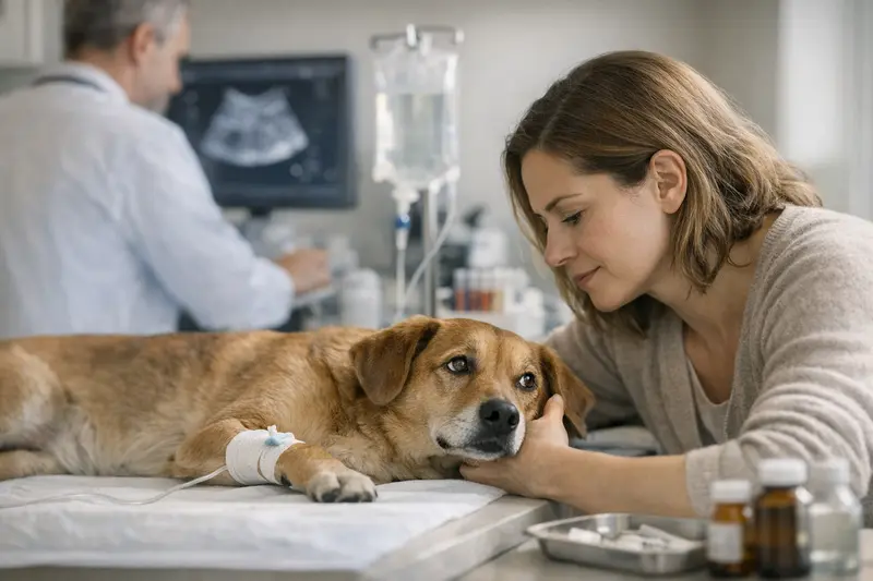 Ein Hund mit Verdauungsproblemen wird von einem Tierarzt untersucht.