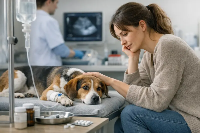 Hund und Katze beim Tierarzt zur Untersuchung von Verdauungsproblemen.