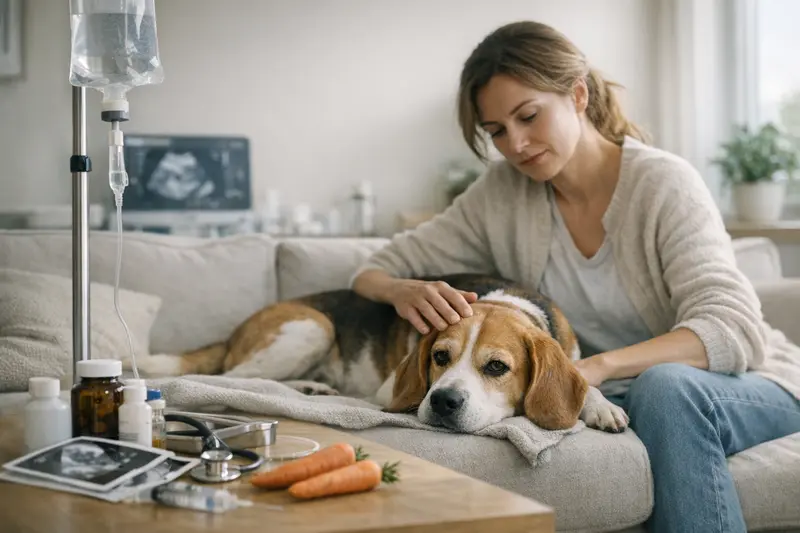 Tierarzt untersucht einen Hund mit Verdauungsproblemen