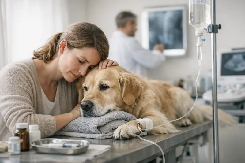 Ein Hund und eine Katze liegen entspannt auf dem Sofa, während der Tierarzt visuelle Untersuchungskosten erklärt.