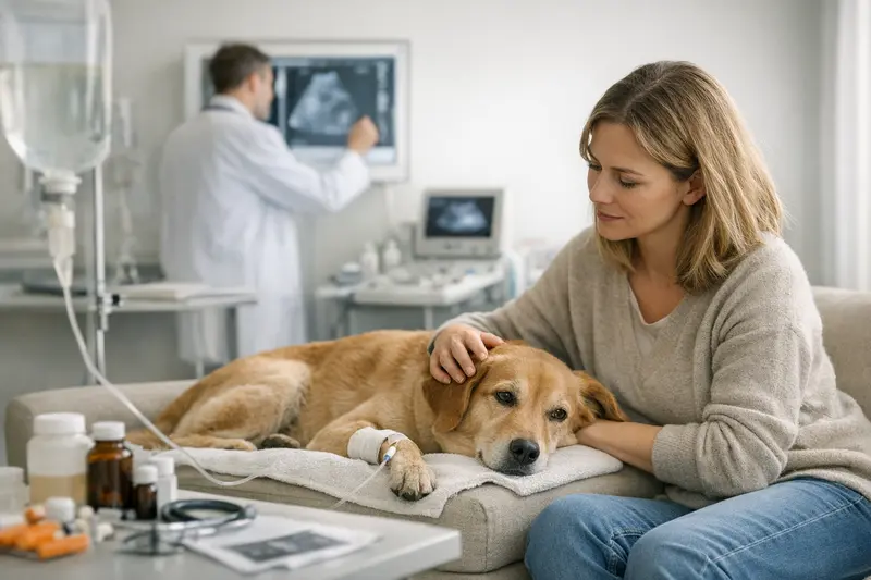 Ein Hund liegt beim Tierarzt zur Untersuchung wegen Verdauungsproblemen.