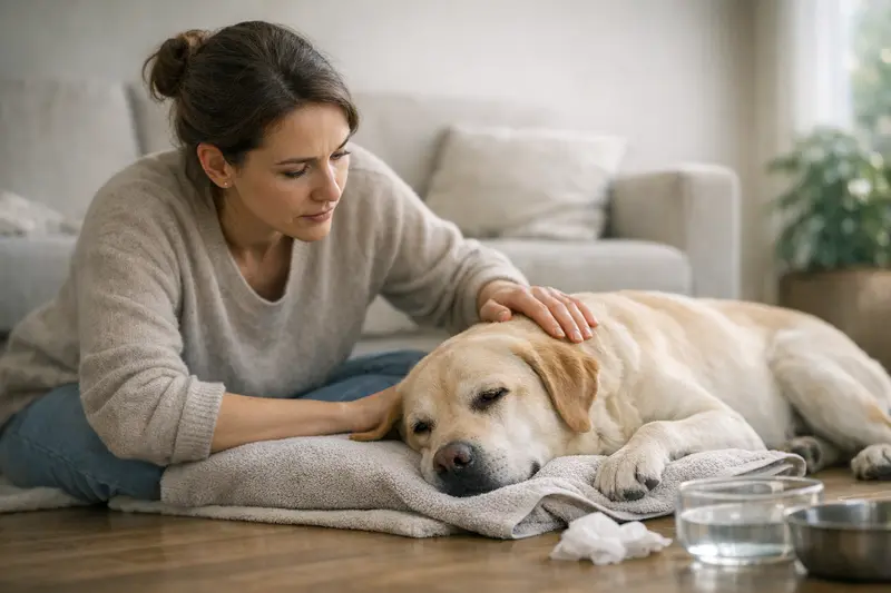 Warnzeichen bei Magen-Darm-Problemen Ein Hund mit deutlichen Anzeichen von Magen-Darm-Problemen.